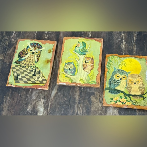 Vintage Owl Prints Decoupage on Wood Boards by K Chin - Picture 1 of 5